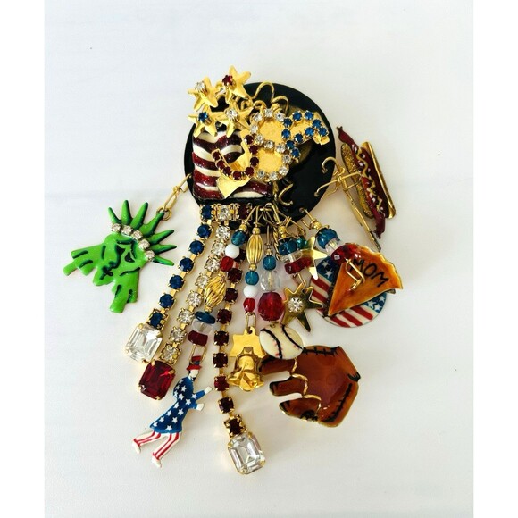 Lunch at The Ritz USA All American Patriotic 24k Gold Plated Enamel Brooch Pin - Picture 1 of 6